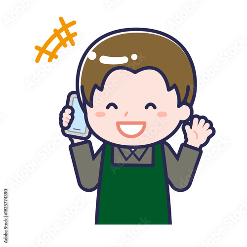 スマートフォンを使う「飲食店の店員」の男性