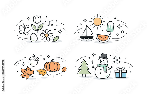 Seasonal celebration symbols. A balanced arrangement of simple icons representing different seasons, gently grouped together. Calm festive
