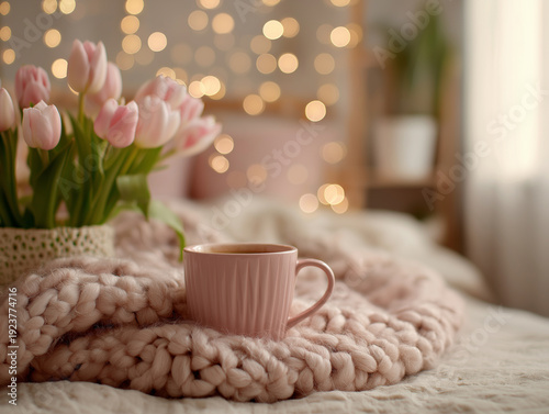 Kartka na międzynarodowy dzień kobiet. Kolorowy bukiet tulipanów i kawa  © Paweł Ziółkowski