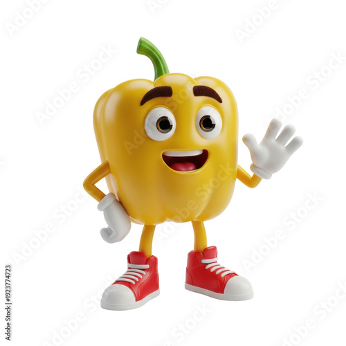 anthropomorphic yellow bell pepper mascot wearing oversized white gloves and bright red sneakers, glossy 3d render on a transparent background, energetic commercial concept