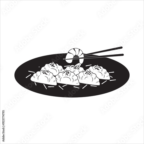 Traditional Asian Dumplings and Shrimp with Chopsticks Illustration