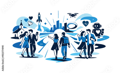 Future of dating. Abstract horizon with couples walking forward, mixed symbols of tradition