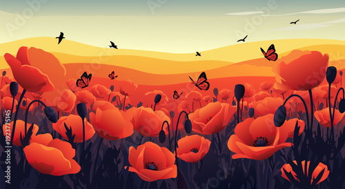 Digital Illustration of Red Poppies with Butterflies in a Warm, Sunny Field - Vector Art
