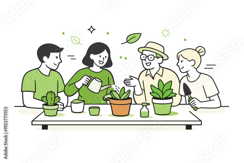 Natural green tones. A small group gathered around a table with potted plants, soft green accents tying the scene together. Friendly connection and organic