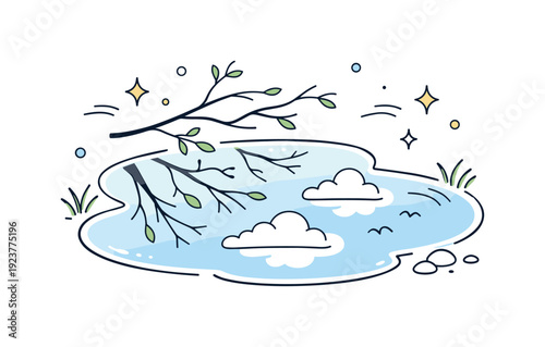 Reflections in spring puddles. Tree branches and clouds reflected in a calm puddle, no people visible. Nature presence, quiet pause after