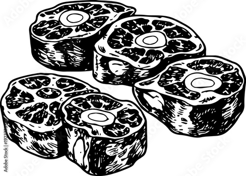 Vintage Engraving Four Osso Buco Beef Shanks