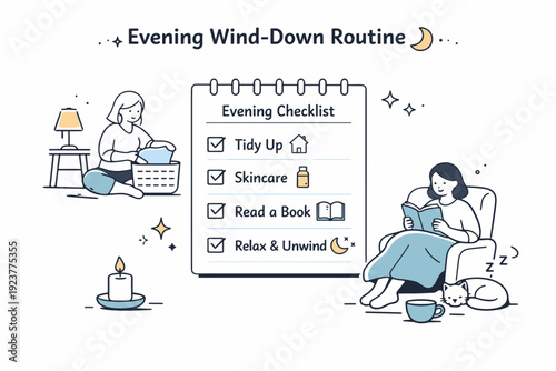 Home routine checklists visuals ? evening wind-down routine. A peaceful scene with a checklist showing evening tasks like tidying, reading, or rest, soft lamp