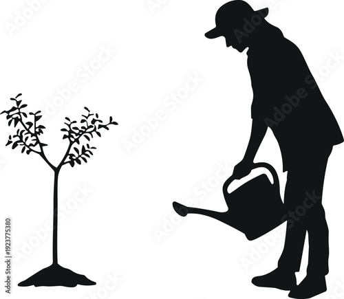 gardener, watering, tree, plant, silhouette, man, gardening, nature, environment, vector, conservation, growth, nurture, black, isolated