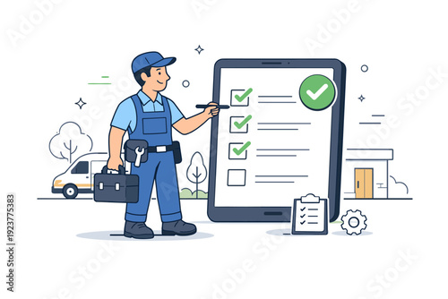 Field service technicians. A technician completing a service task and checking it off on a digital checklist near a client location. Reliable closure and