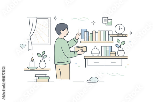 House refresh ritual. A person organizing books and small objects while sunlight enters the room through a window. Mindful routine, clarity, and gentle
