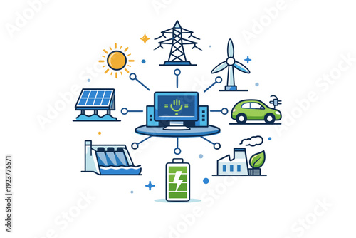 Renewable energy grids centered on a smart grid hub with clean energy icons branching outward, symbolizing efficient distribution and modern