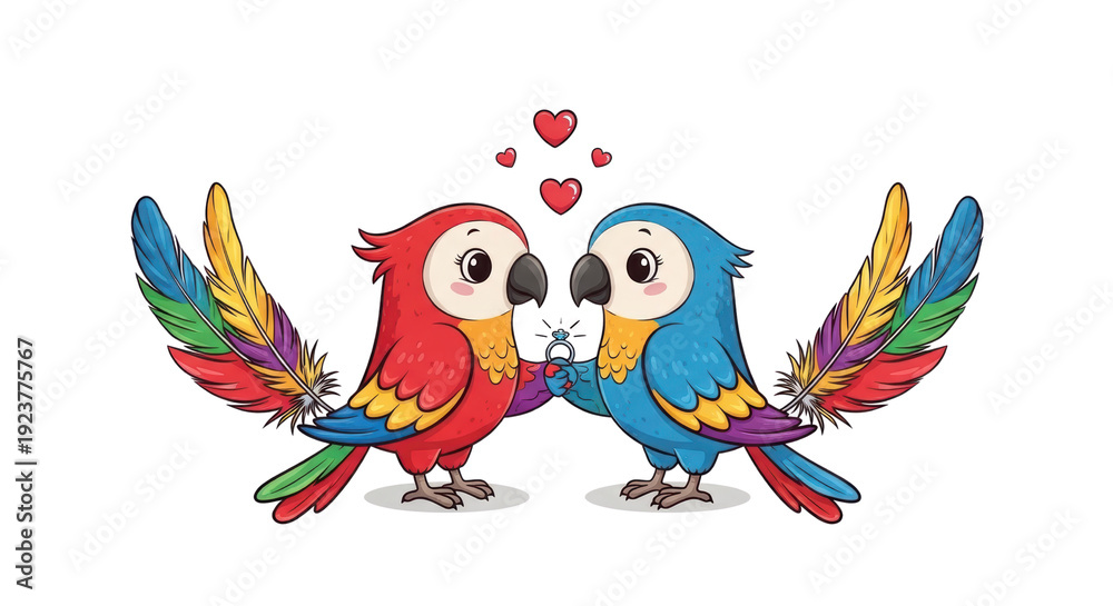 Obraz premium Two cartoon parrots, one red and one blue, holding a diamond ring with floating hearts above, symbolizing love and engagement. isolated PNG with Transparent Background