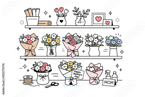 Mother?s Day small business bouquets. Prepared flower arrangements neatly displayed on shelves or a counter, simple vases and wrapping paper visible.
