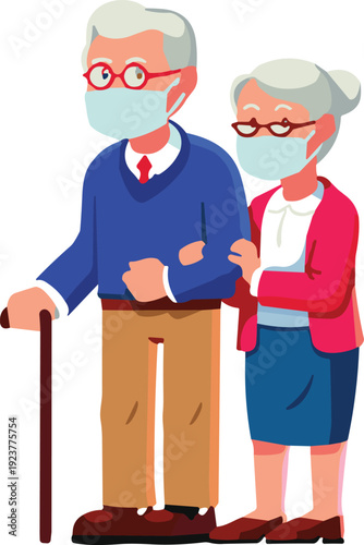 Senior couple wearing face masks illustration, elderly man with cane and woman healthcare protection concept vector during pandemic safety