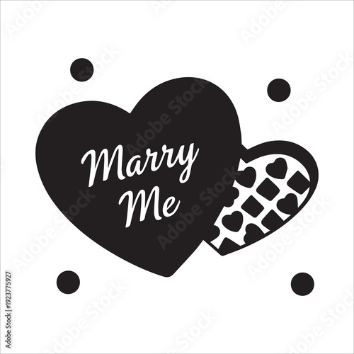 Marry Me Proposal with Heart-Shaped Chocolates Box, Black and White Vector Icon
