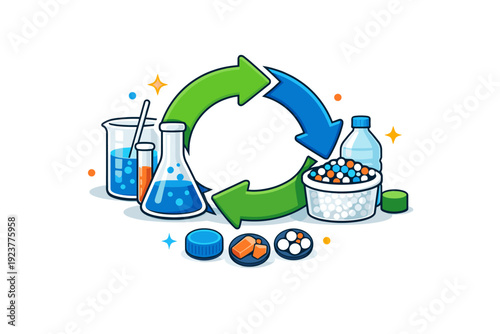 Chemical recycling of plastics inspired by circular economy principles and closed loop material systems. A clean editorial scene with