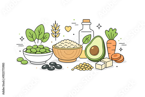 Vegan food. Clean abstract composition featuring plant-based ingredients like beans, grains, and vegetables arranged neatly, conveying