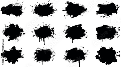 Array of black ink splatters and messy brush blobs on white, ideal for grunge, abstract, and artistic design projects.