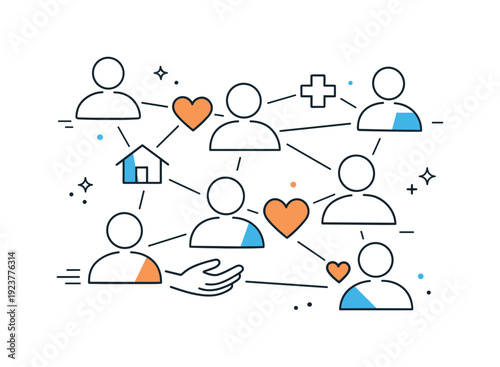 Community Support Icons. Community care economy. Abstract icons of people connected by lines, hearts, and small service symbols, showing shared responsibility