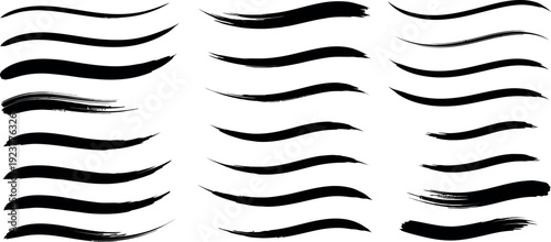 Collection of black brush stroke underlines and swooshes isolated on white background, perfect for emphasizing text or adding graphic flair.