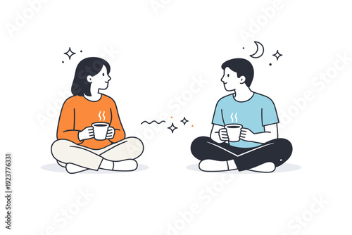 Friends sitting in silence. Two people sitting on the floor with cups of tea, quiet pause between conversations. Warm calm mood, shared comfort and trust.