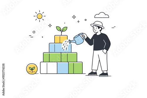 Long-term thinking. A character calmly watering a growing structure built from simple blocks, representing steady investment over time. Gentle, optimistic mood