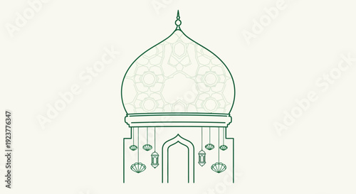 Elegant vector illustration of a mosque dome with intricate geometric patterns and hanging lanterns, symbolizing Islamic culture and spiritual serenity