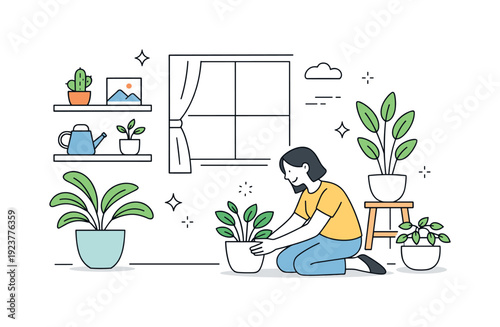 Seasonal interior refresh plants. Person placing indoor plants near a window and shelf, bringing nature inside. Fresh, balanced atmosphere