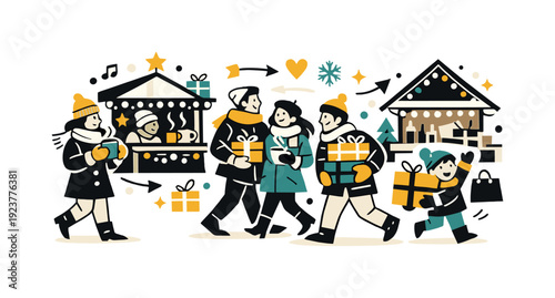 Winter Market Cheer. Festive winter market. Cozy stalls with lights and ornaments, people holding hot drinks