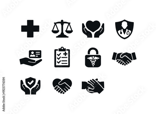 Healthcare Ethics. Filled icon set of Healthcare Ethics: medical cross, balance scales,