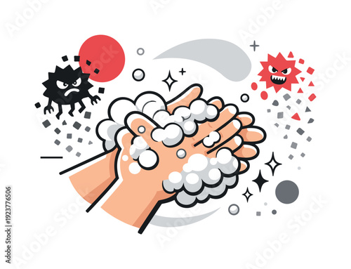 Handwashing importance. Close-up of hands covered in soap bubbles, germs fading into