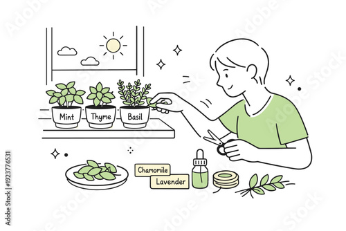 Growing herbal medicines at home. A person gently harvesting herbs from small pots on a windowsill, leaves and labels neatly arranged nearby.