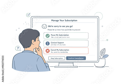 Ethical subscription cancellation flow. A person reviewing a simple and honest cancellation screen with clear options and