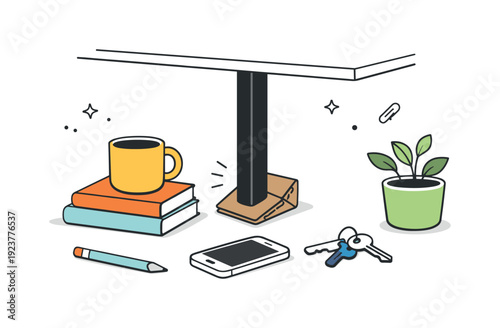 Temporary fixes visuals. Desk leg stabilized with a folded piece of cardboard, everyday objects nearby. Subtle ingenuity and calm