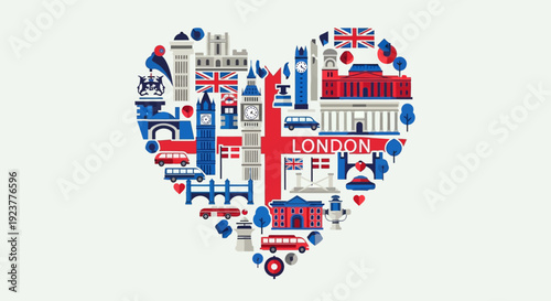 Heart-shaped collage of London landmarks and symbols of the United Kingdom on a white background
