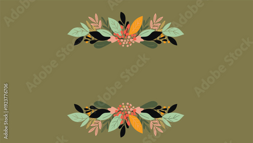 Elegant floral border design with various green and autumn leaves on a dark olive green background with space for text.