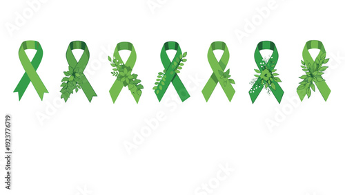 Collection of green awareness ribbons decorated with various leaf and floral elements to symbolize mental health or environment.