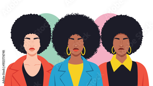 Three diverse women with large afro hairstyles standing side by side against colorful circular backgrounds to celebrate diversity.