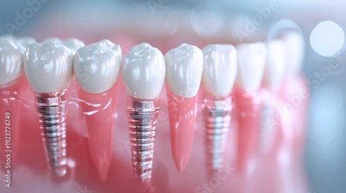 3D render of artificial teeth implants in a dental model showcasing realistic design and technology