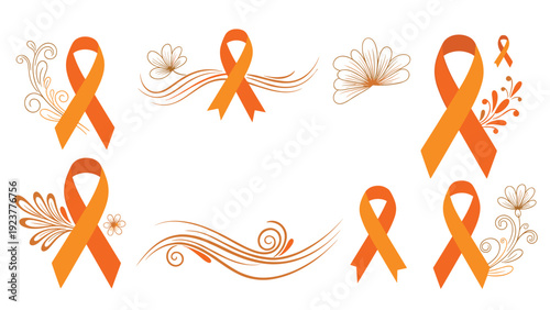 Set of orange awareness ribbons with decorative floral flourishes and abstract swirls, symbolizing leukemia or kidney cancer.
