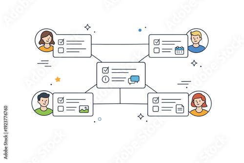 Shared accountability. Interconnected task cards linked by simple lines, each associated with a different team member icon. Clear structure and balanced