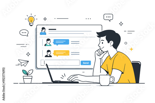 Forum communication. A character reading and replying to threads on a large screen, focused and thoughtful. Scene conveys knowledge sharing