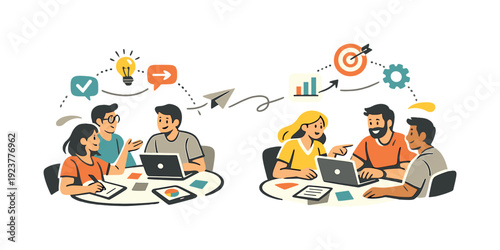 Collaborative meetup. Small groups discussing around tables, laptops and notes visible,