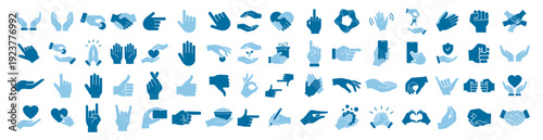 Blue hand gesture icon set with thumbs up handshake pointing prayer and smartphone symbols isolated on transparent background