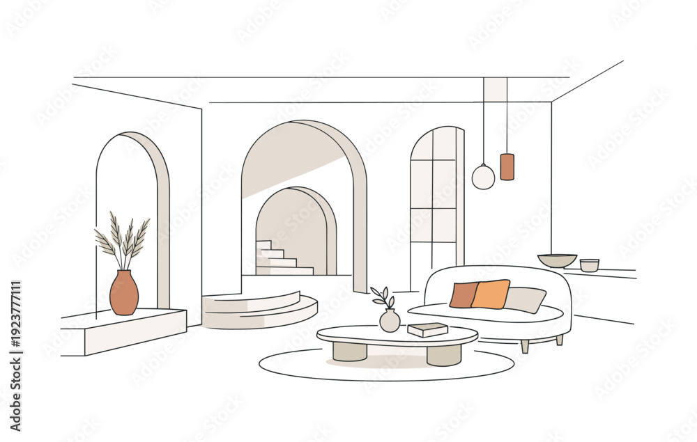 Fototapeta premium Elegant Minimalist Interior. Quiet luxury minimal interior concept. An abstract modern interior with architectural shapes, natural light, and open space. The