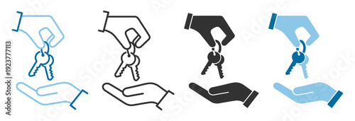 Hand giving house keys icon set, real estate property home rental ownership symbol vector isolated on transparent background