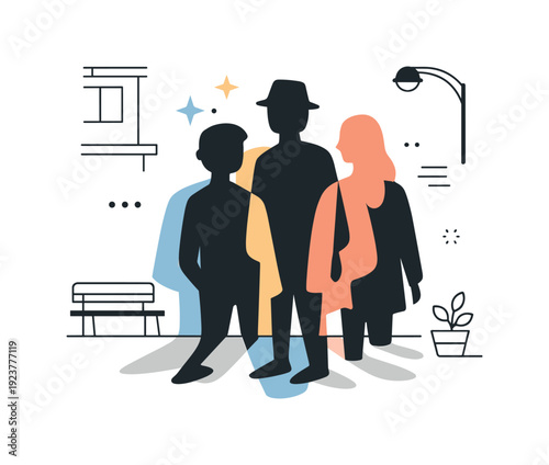 Urban shadow patterns. Overlapping human shadows on pavement or building surfaces in a city setting. Anonymous coexistence expressed through