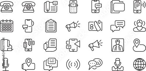 A collection of diverse communication and technologyrelated icons in a simple outline style