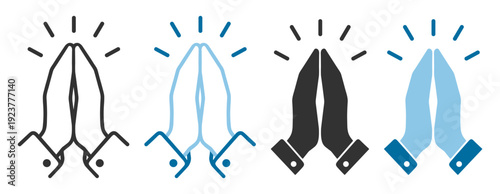 Praying hands prayer worship faith icon set, religion spiritual hope blessing gesture symbol vector isolated on transparent background