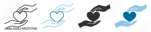 Hands holding heart love and charity icon set, care support donation compassion help symbol vector isolated on transparent background